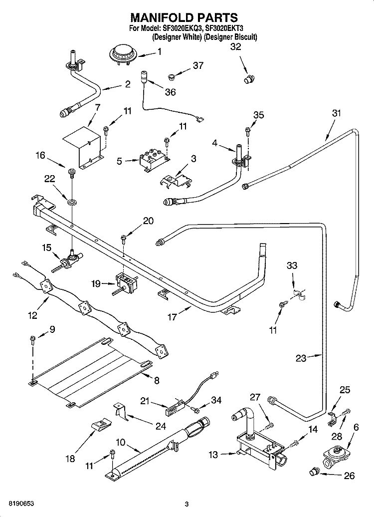 MANIFOLD PARTS Diagram and Parts List for SF3020EKT3  Whirlpool Range