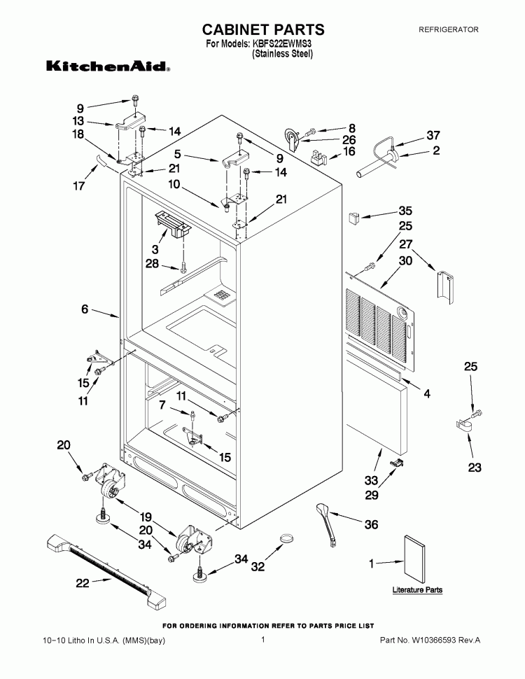CABINET PARTS Diagram and Parts List for KBFS22EWMS3  KitchenAid Refrigerator