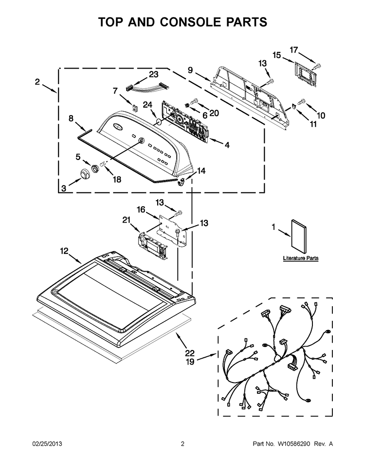 TOP AND CONSOLE PARTS Diagram and Parts List for YWED5700AC1  Whirlpool Dryer