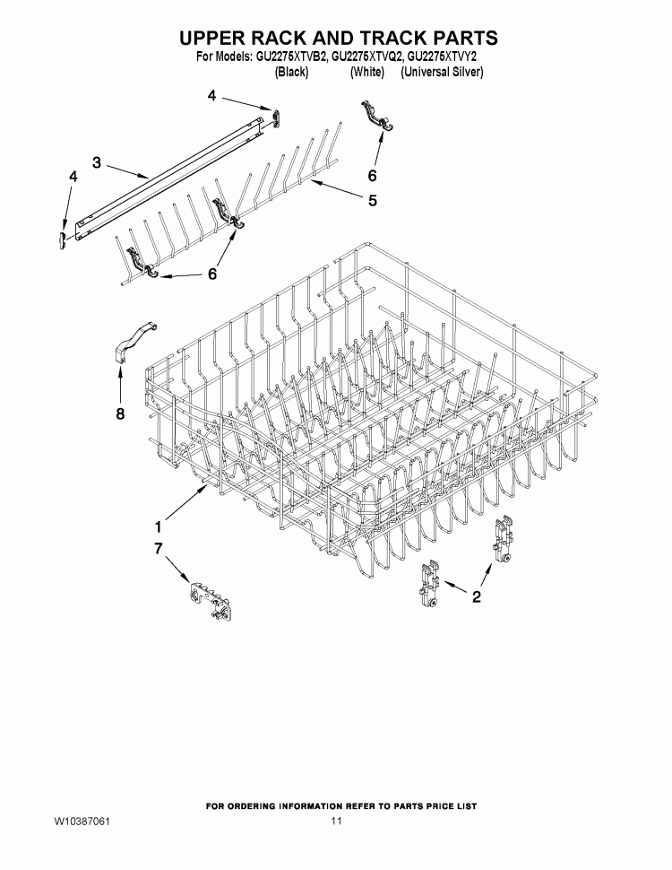 UPPER RACK AND TRACK PARTS Diagram and Parts List for GU2275XTVB2  Whirlpool Dishwasher