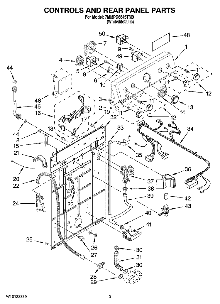CONTROLS AND REAR PANEL PARTS Diagram and Parts List for 7MMPD6845TM0  Whirlpool Washer