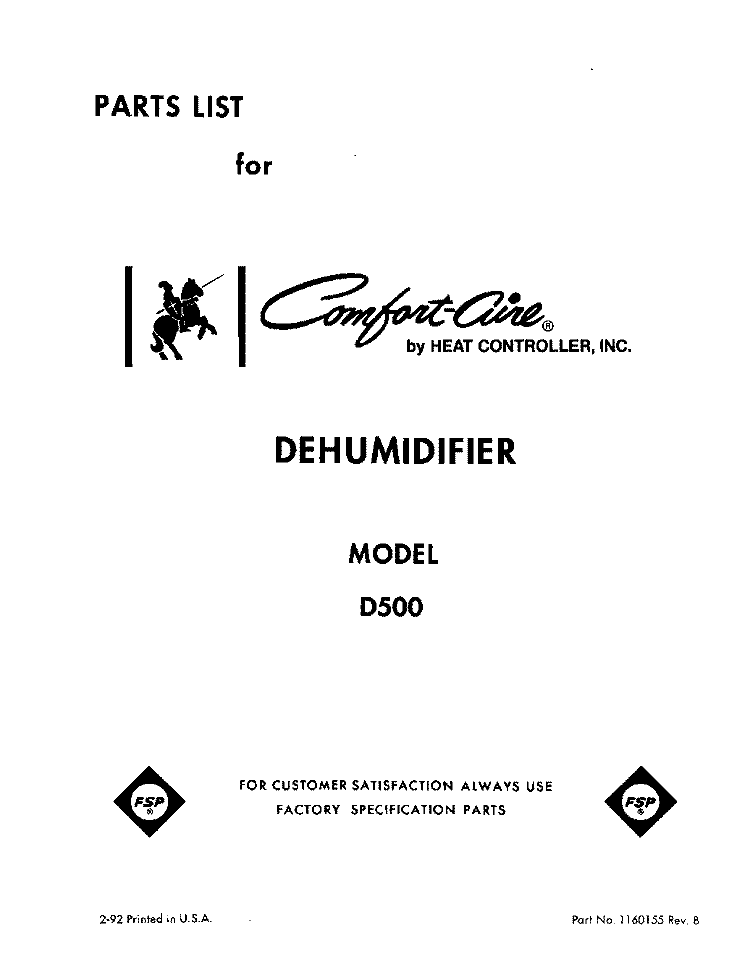 SECTION Diagram and Parts List for BFD500  Whirlpool Dehumidifier