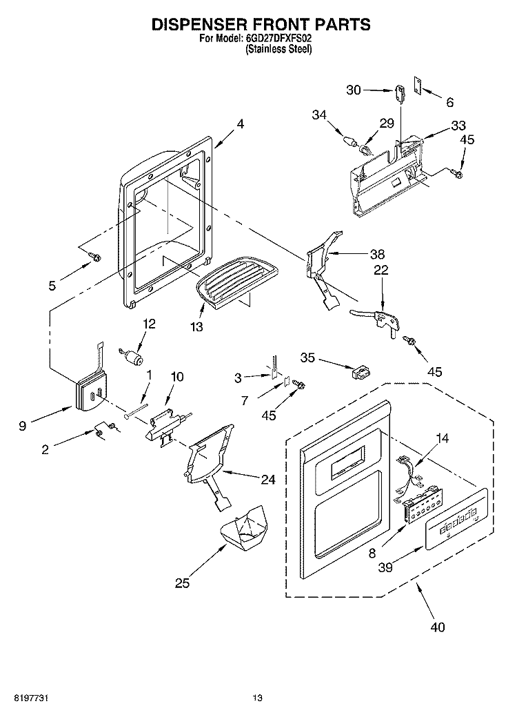 DISPENSER FRONT Diagram and Parts List for 6GD27DFXFS02  Whirlpool Refrigerator