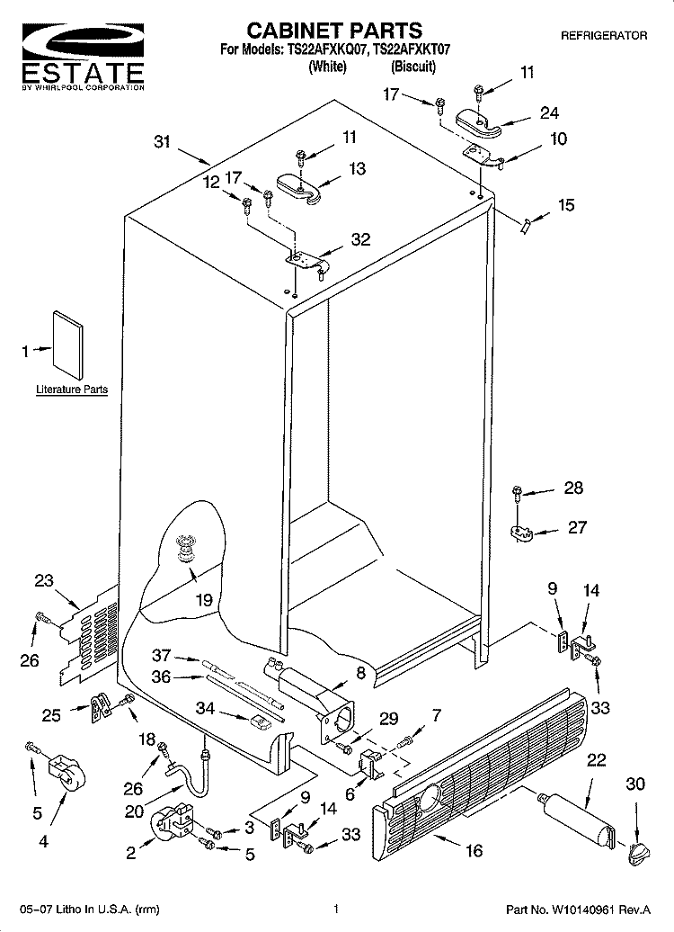 CABINET PARTS Diagram and Parts List for TS22AFXKT07  Estate Refrigerator