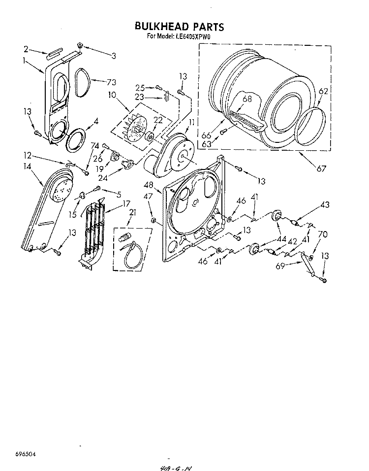 BULKHEAD Diagram and Parts List for LE6405XPW0  Whirlpool Dryer