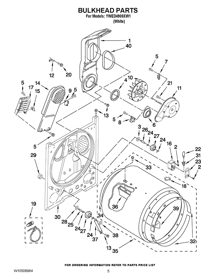 BULKHEAD PARTS Diagram and Parts List for YWED4900XW1  Whirlpool Dryer