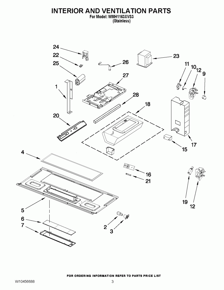 INTERIOR AND VENTILATION PARTS Diagram and Parts List for WMH1163XVS3  Whirlpool Microwave