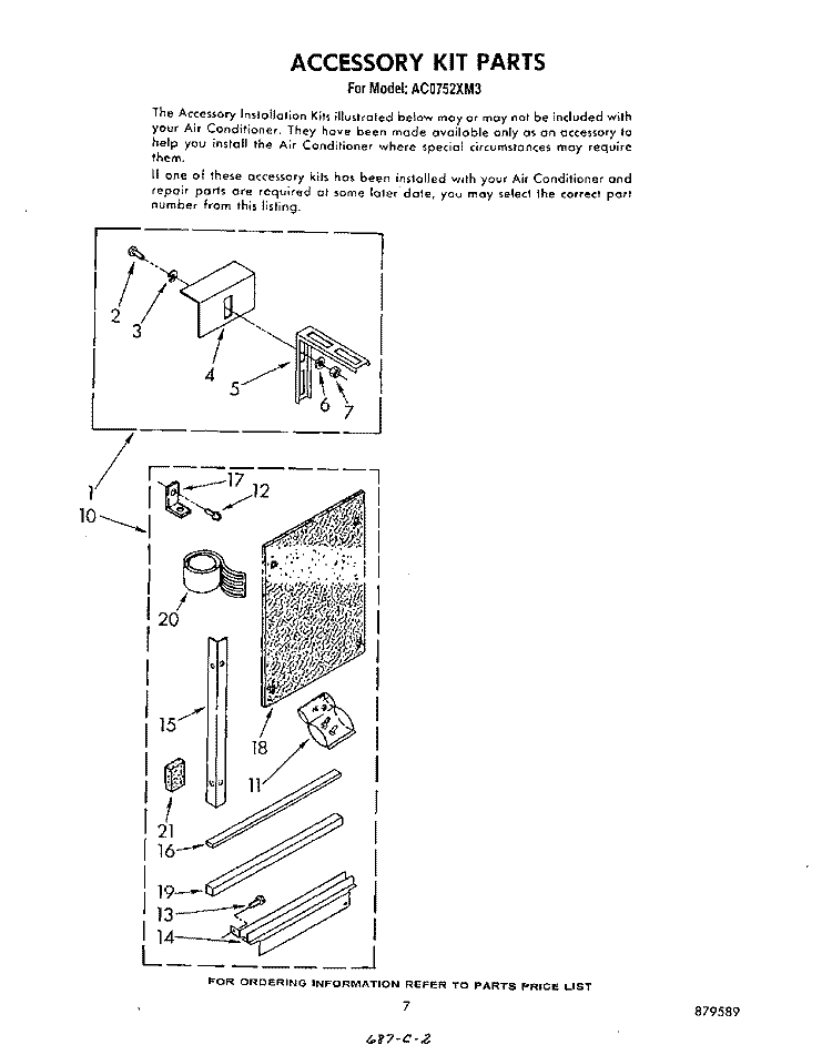 ACCESSORY KIT Diagram and Parts List for AC0752XM3  Whirlpool Air Conditioner
