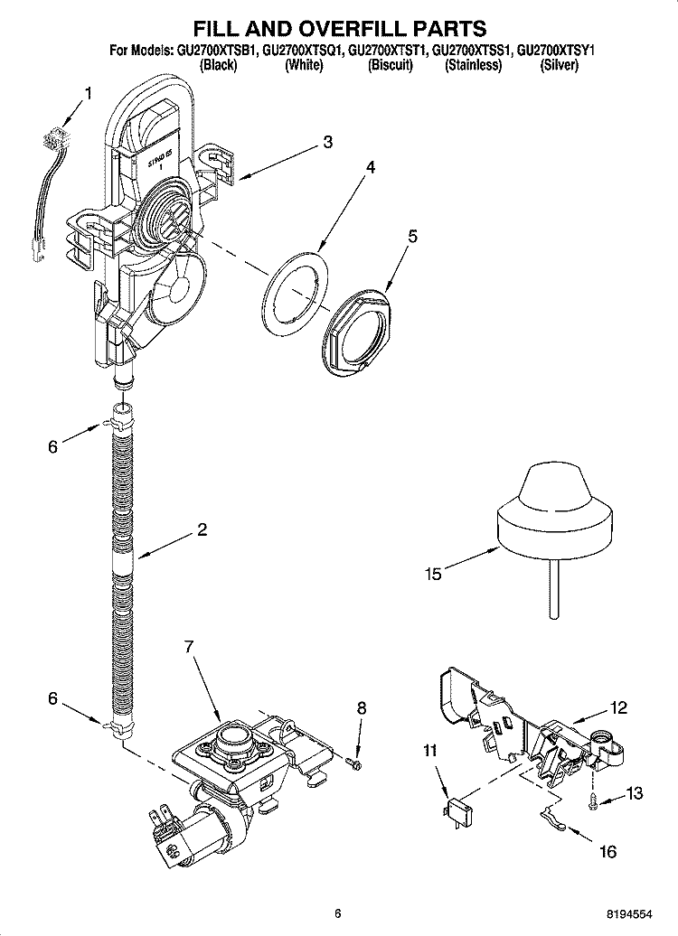 FILL AND OVERFILL PARTS Diagram and Parts List for GU2700XTSQ1  Whirlpool Dishwasher