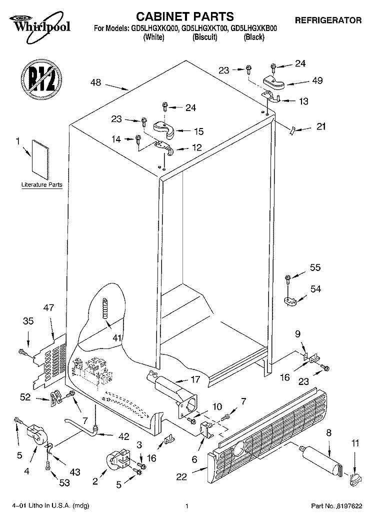 CABINET, LITERATURE Diagram and Parts List for GD5LHGXKQ00  Whirlpool Refrigerator