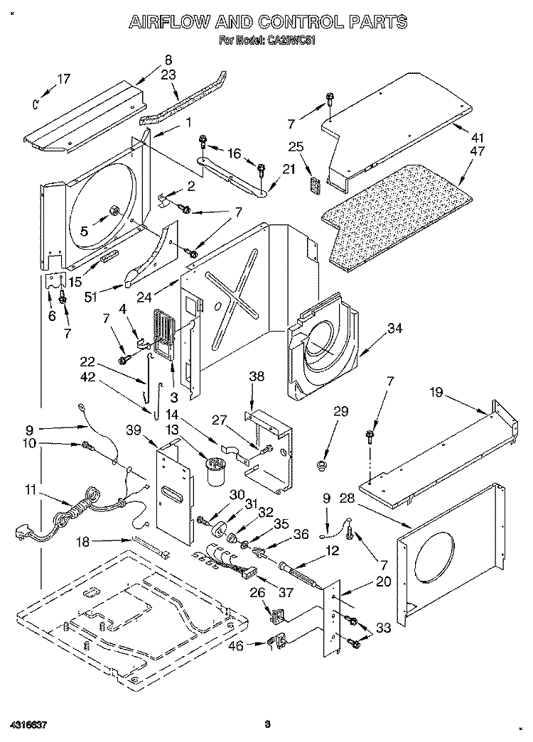 AIRFLOW AND CONTROL Diagram and Parts List for CA29WC51  Whirlpool Air Conditioner