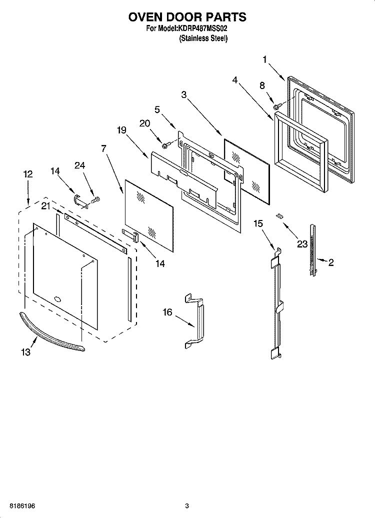 OVEN DOOR PARTS Diagram and Parts List for KDRP487MSS02  KitchenAid Range