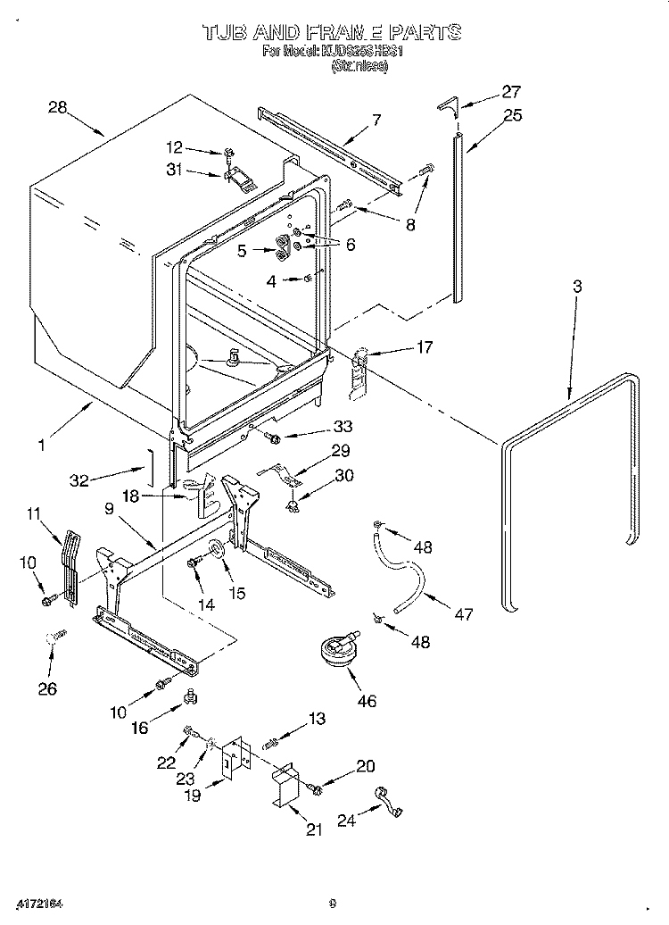 TUB AND FRAME Diagram and Parts List for KUDS25SHBS1  KitchenAid Dishwasher