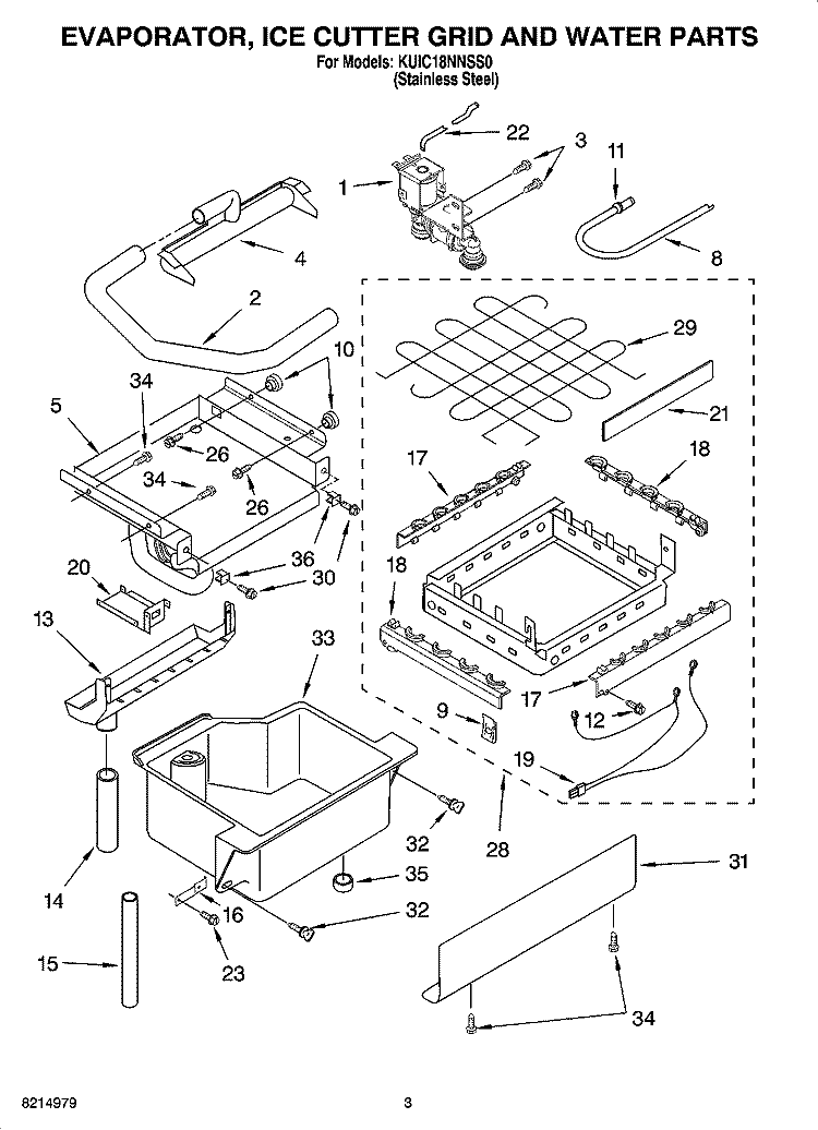 EVAPORATOR, ICE CUTTER GRID AND WATER PARTS Diagram and Parts List for KUIC18NNSS0  KitchenAid Ice Maker