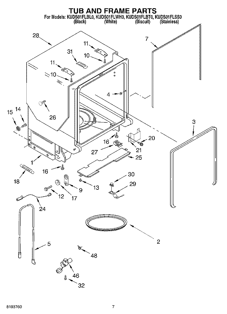TUB AND FRAME Diagram and Parts List for KUDS01FLBS0  Whirlpool Dishwasher