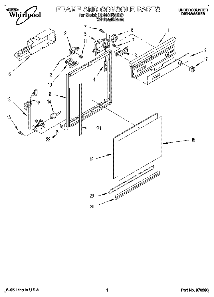 FRAME AND CONSOLE Diagram and Parts List for DU840CWDB0  Whirlpool Dishwasher