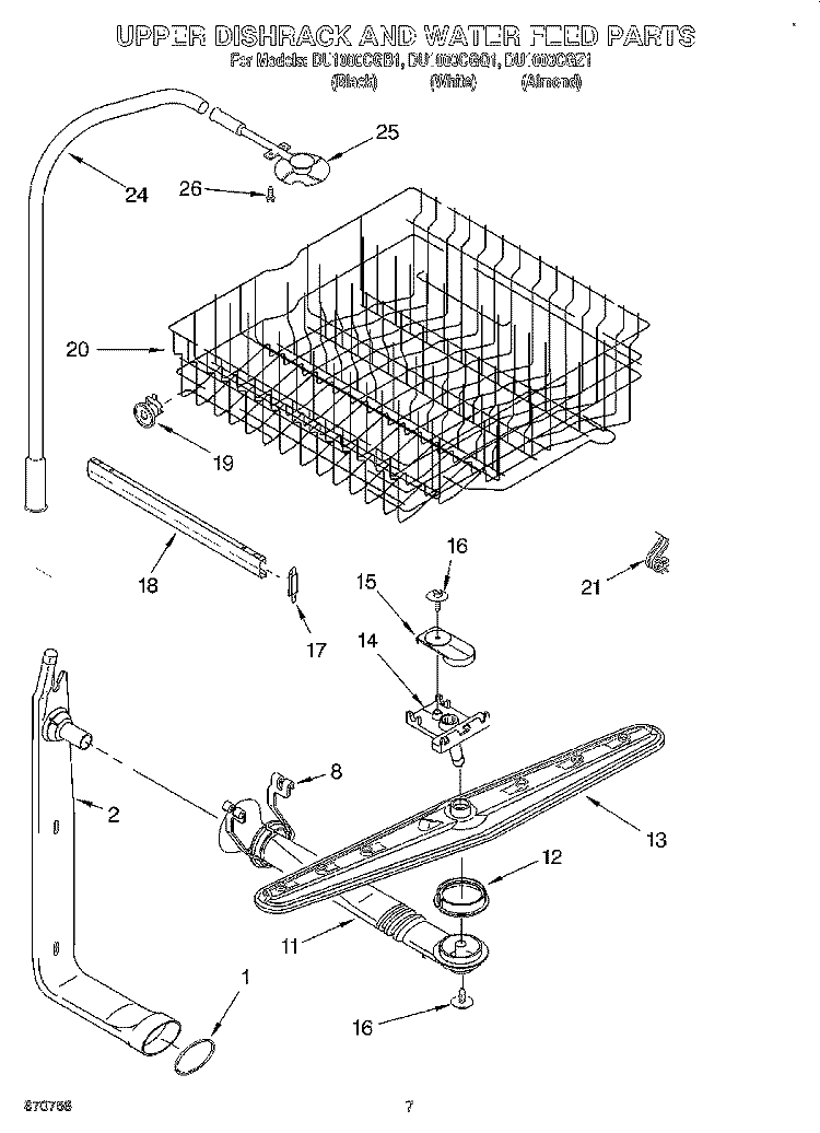 UPPER DISHRACK AND WATER FEED Diagram and Parts List for DU1000CGZ1  Whirlpool Dishwasher