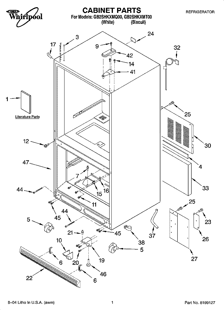 CABINET PARTS Diagram and Parts List for GB2SHKXMQ00  Whirlpool Refrigerator