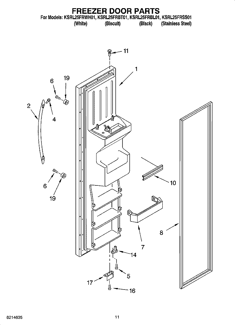 FREEZER DOOR PARTS Diagram and Parts List for KSRL25FRBL01  KitchenAid Refrigerator