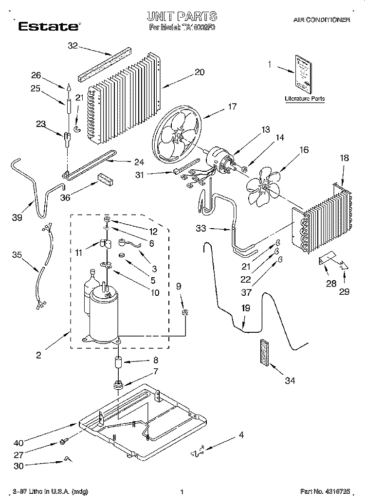 UNIT, LITERATURE Diagram and Parts List for TA10002F0  Whirlpool Air Conditioner