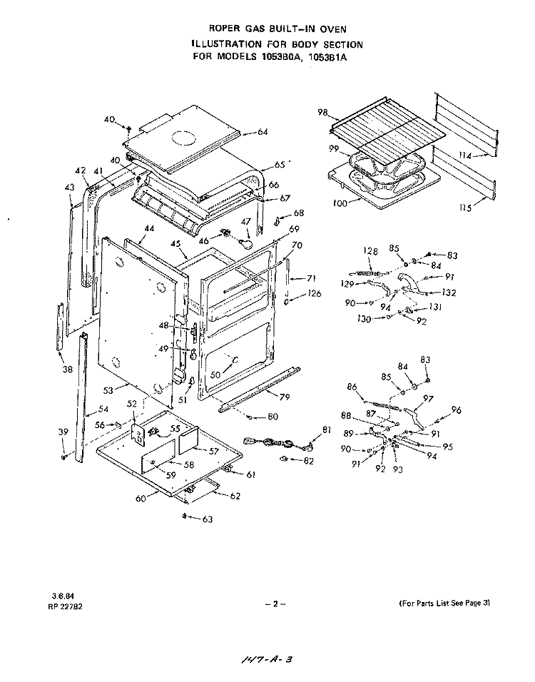 BODY Diagram and Parts List for 1053B1A  Roper Wall Oven