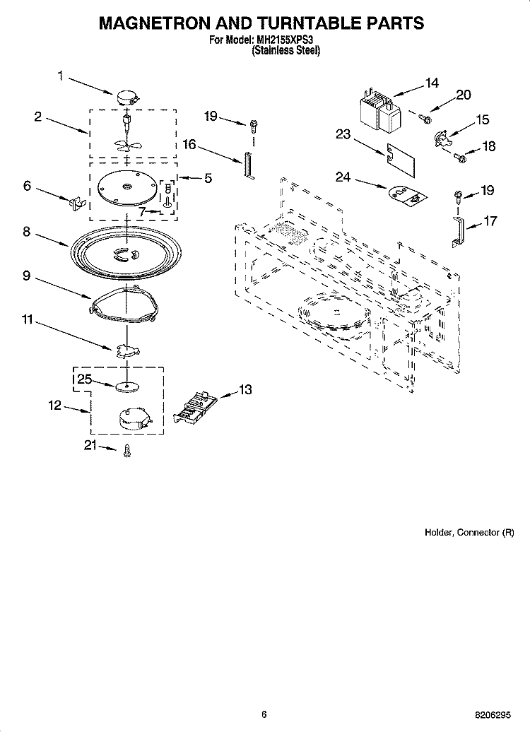 MAGNETRON AND TURNTABLE PARTS Diagram and Parts List for MH2155XPS3  Whirlpool Microwave