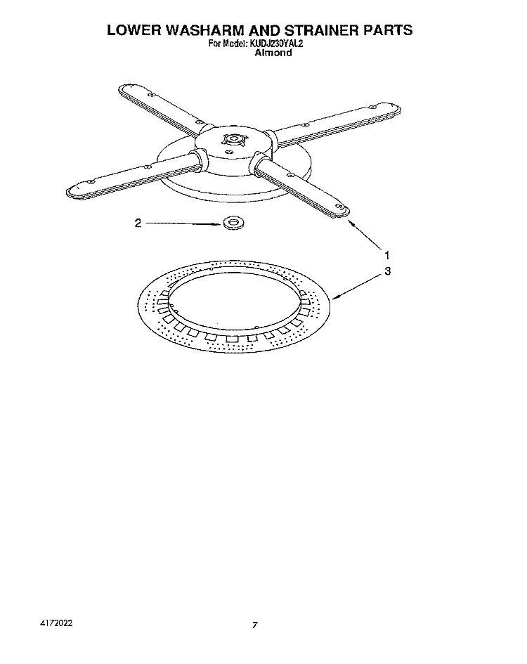 LOWER WASHARM AND STRAINER Diagram and Parts List for KUDJ230YAL2  KitchenAid Dishwasher