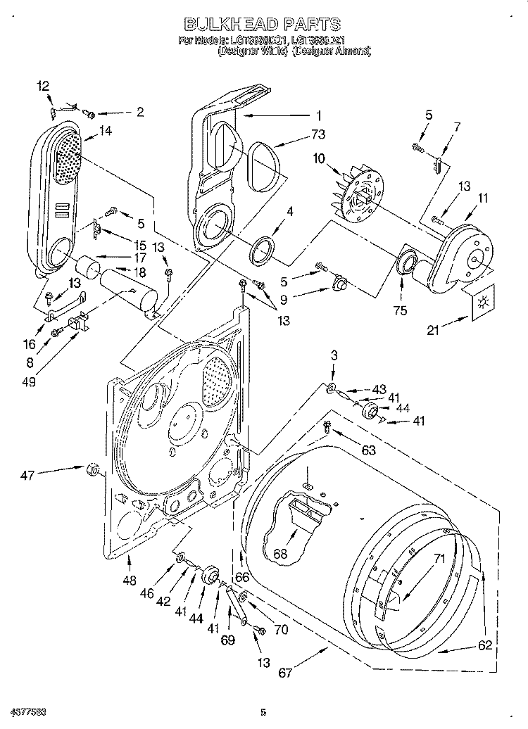 BULKHEAD Diagram and Parts List for LGT6638DZ1  Whirlpool Dryer
