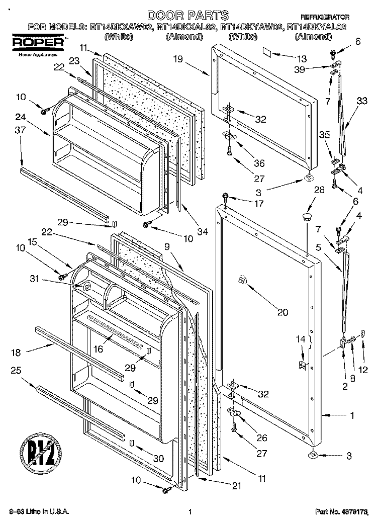 DOOR Diagram and Parts List for RT14DKXAW02  Roper Refrigerator
