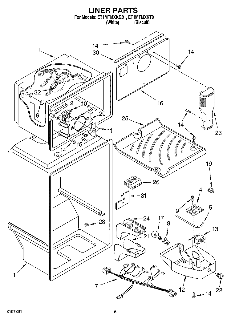 LINER Diagram and Parts List for ET1MTMXKQ01  Whirlpool Refrigerator