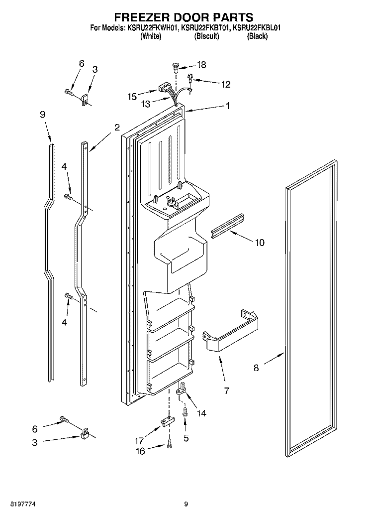 FREEZER DOOR Diagram and Parts List for KSRU22FKBT01  KitchenAid Refrigerator