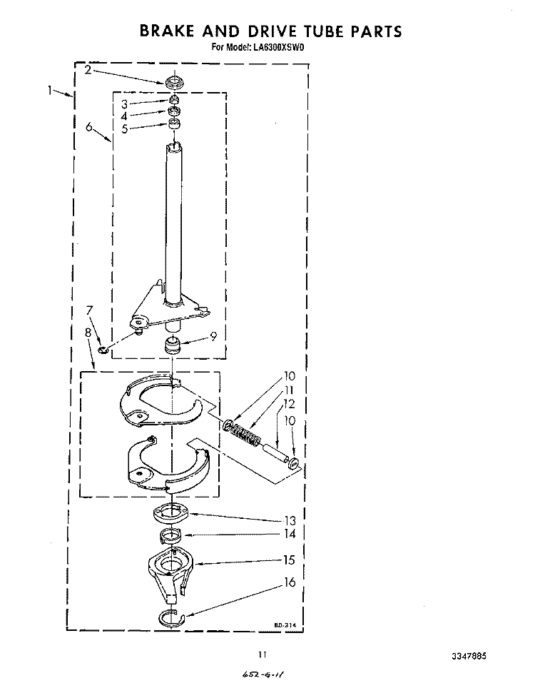BRAKE AND DRIVE TUBE Diagram and Parts List for LA6300XSW0  Whirlpool Washer