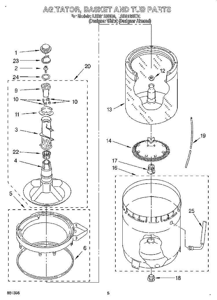AGITATOR, BASKET AND TUB Diagram and Parts List for LSR8133HZ0  Whirlpool Washer