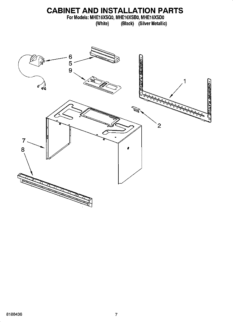 CABINET AND INSTALLATION PARTS Diagram and Parts List for MHE16XSQ0  Roper Microwave