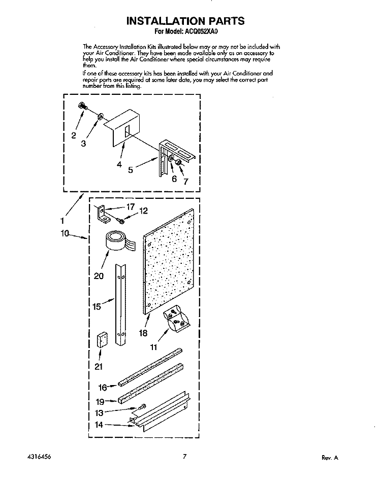 INSTALLATION Diagram and Parts List for ACQ052XA0  Whirlpool Air Conditioner