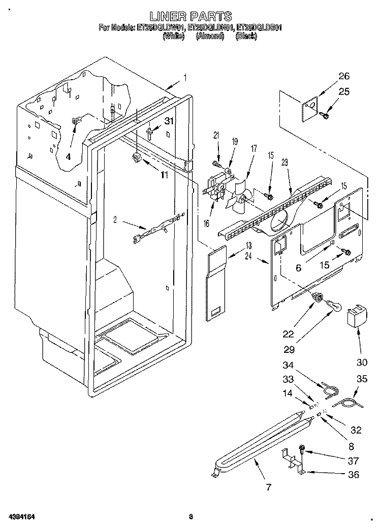 LINER Diagram and Parts List for ET25DQLDN01  Whirlpool Refrigerator