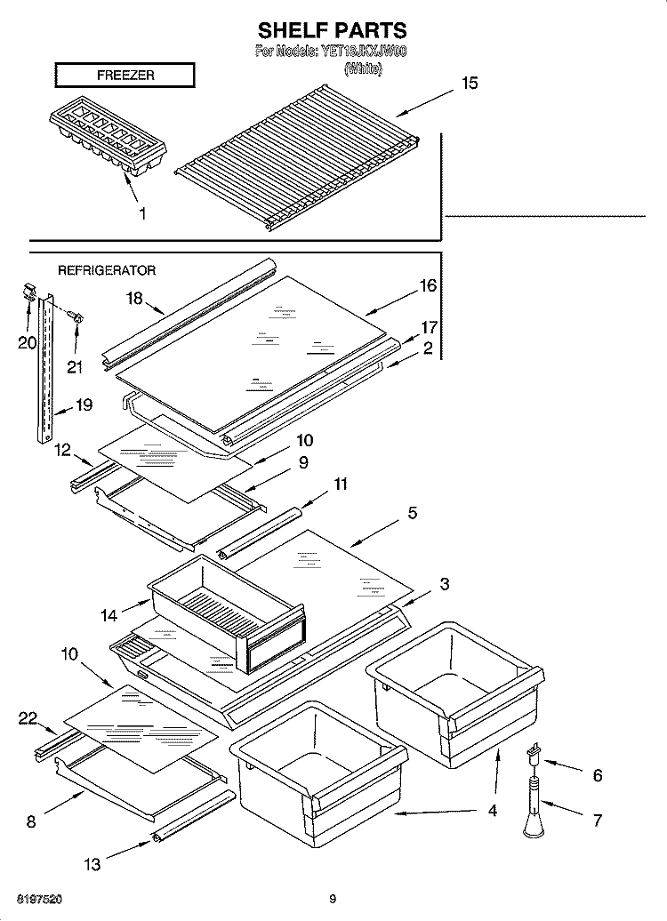 SHELF PARTS, OPTIONAL PARTS Diagram and Parts List for YET18JKXJW00  Whirlpool Refrigerator