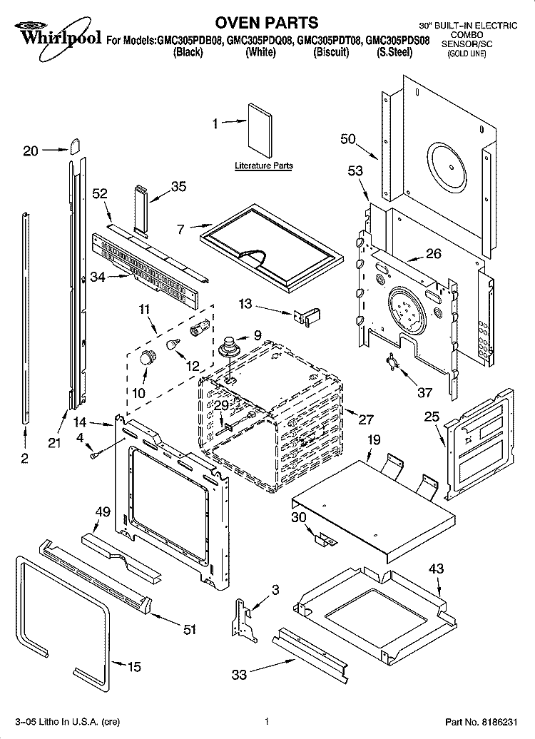 OVEN PARTS Diagram and Parts List for GMC305PDQ08  Whirlpool Microwave Oven Combo
