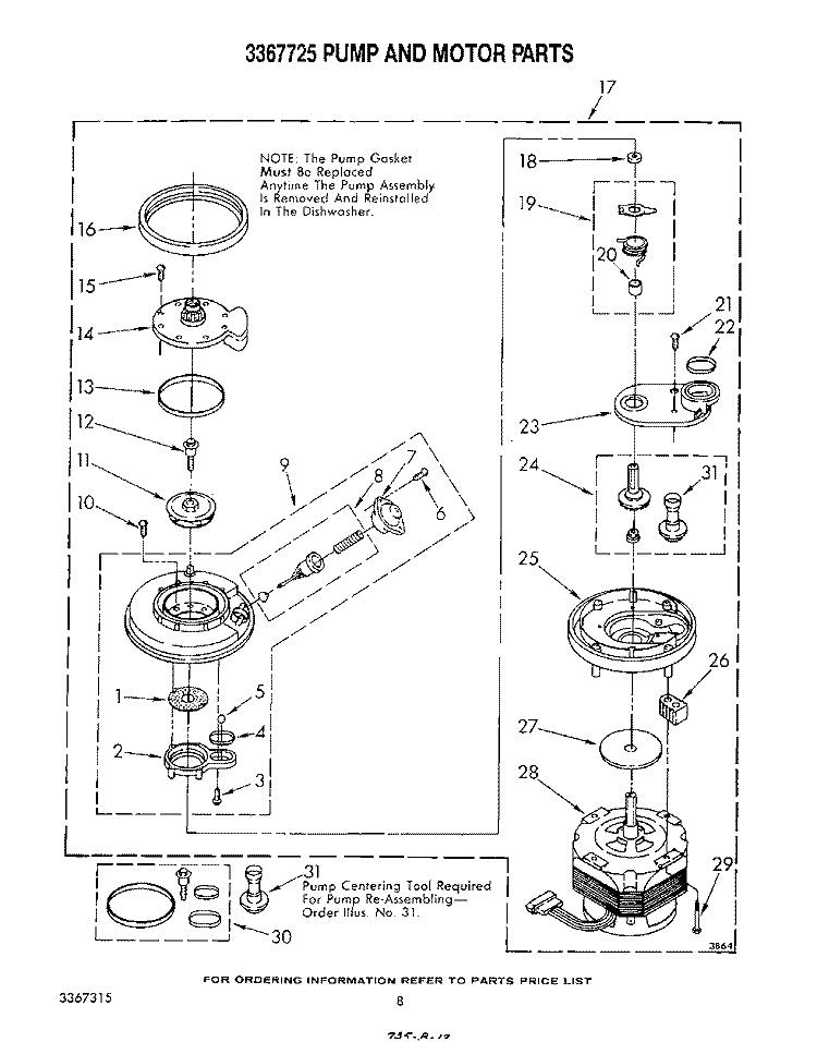 3367725 PUMP AND MOTOR Diagram and Parts List for DU7500XR2  Whirlpool Dishwasher