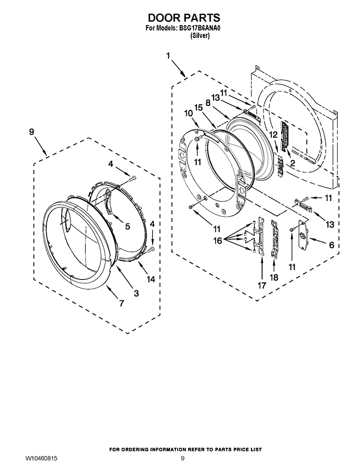 DOOR PARTS Diagram and Parts List for BSG17B6ANA0  Whirlpool Dryer