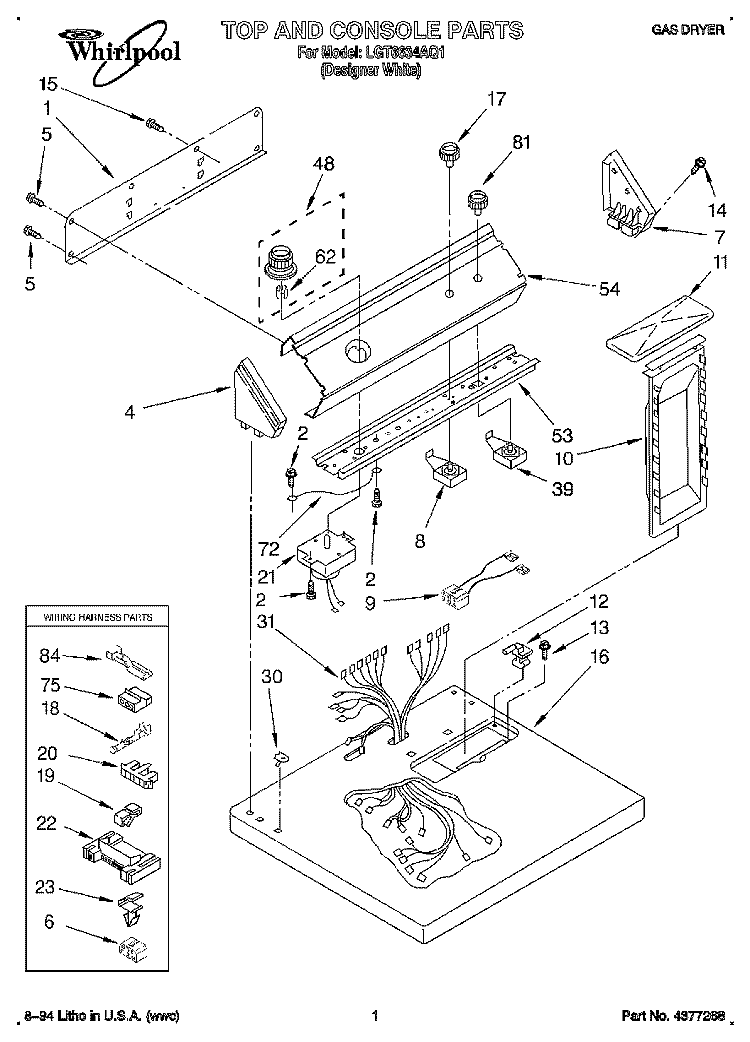 TOP AND CONSOLE, LIT/OPTIONAL Diagram and Parts List for LGT6634AQ1  Whirlpool Dryer