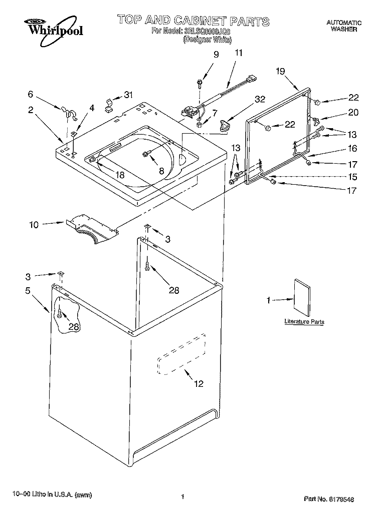 TOP AND CABINET, LITERATURE Diagram and Parts List for 3RLSQ8000JQ0  Whirlpool Washer