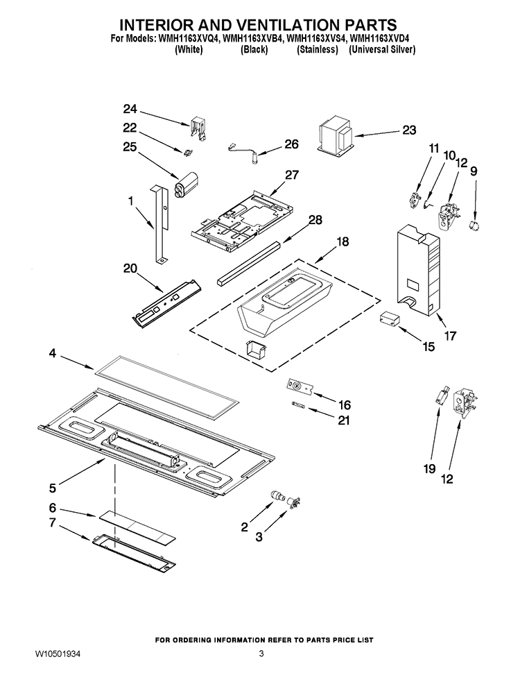 INTERIOR AND VENTILATION PARTS Diagram and Parts List for WMH1163XVD4  Whirlpool Microwave