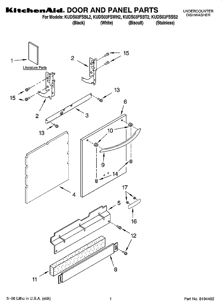 DOOR AND PANEL PARTS Diagram and Parts List for KUDS03FSBT2  KitchenAid Dishwasher