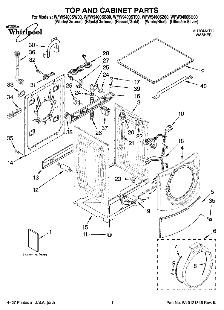 TOP AND CABINET PARTS Diagram and Parts List for WFW9400SB00  Whirlpool Washer