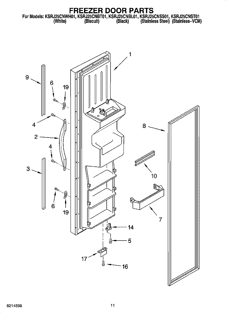 FREEZER DOOR PARTS Diagram and Parts List for KSRJ25CNBT01  KitchenAid Refrigerator