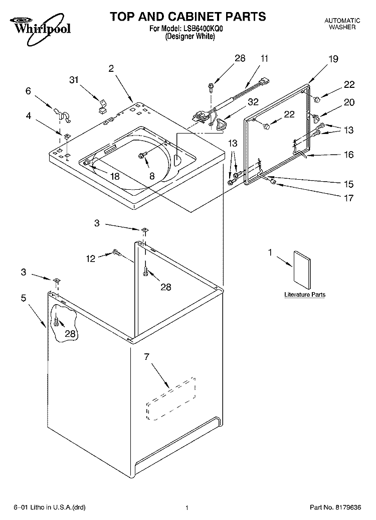 TOP AND CABINET, LITERATURE Diagram and Parts List for LSB6400KQ0  Whirlpool Washer