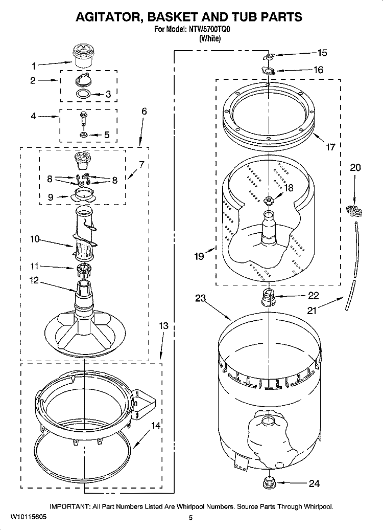 AGITATOR, BASKET AND TUB PARTS Diagram and Parts List for NTW5700TQ0  Whirlpool Washer