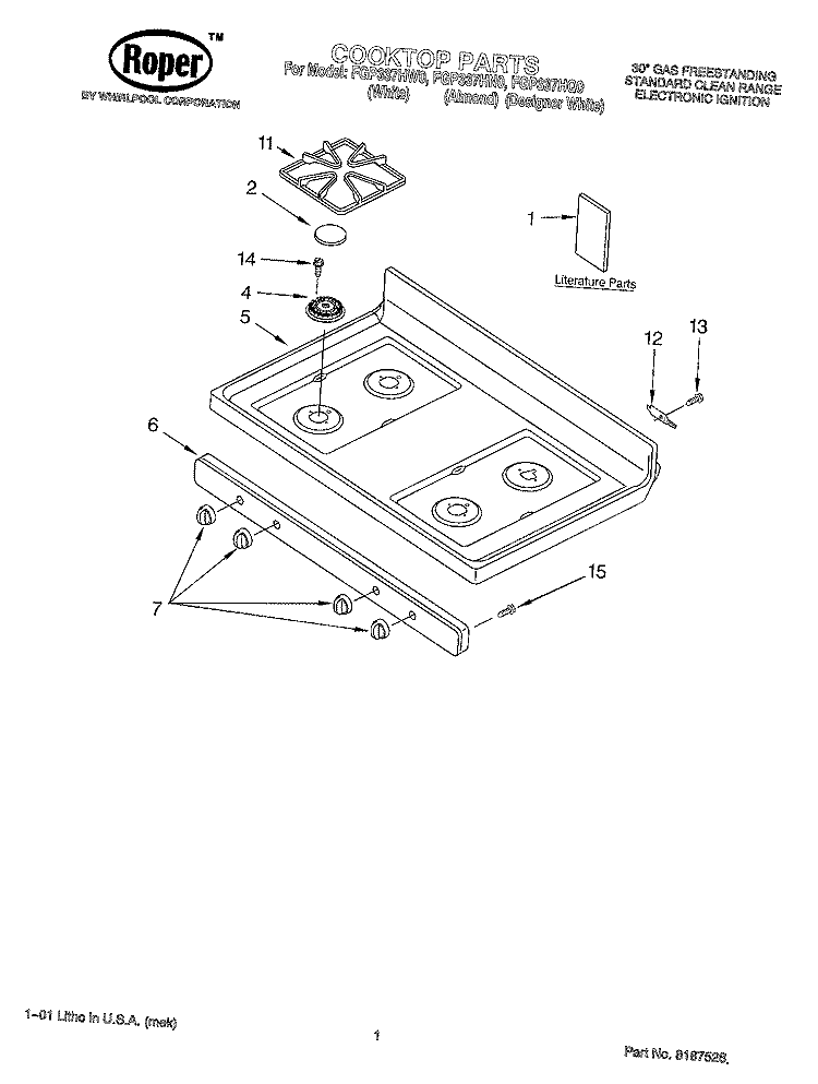 COOKTOP, LITERATURE Diagram and Parts List for FGP337HQ0  Roper Range