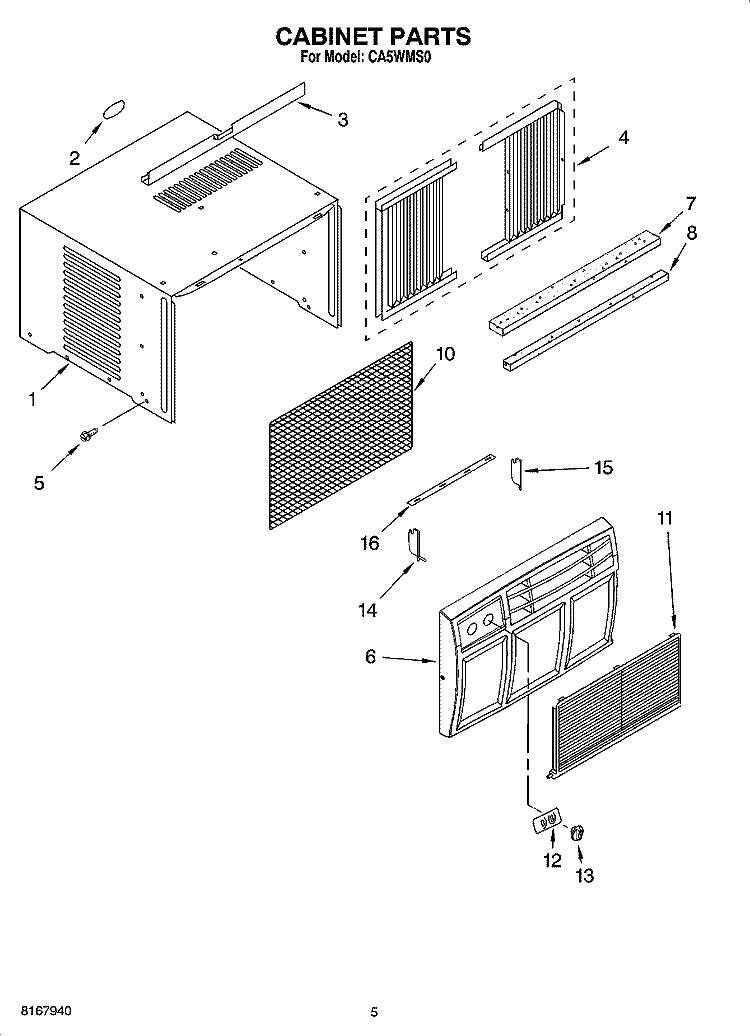 CABINET PARTS Diagram and Parts List for CA5WMS0  Crosley Air Conditioner